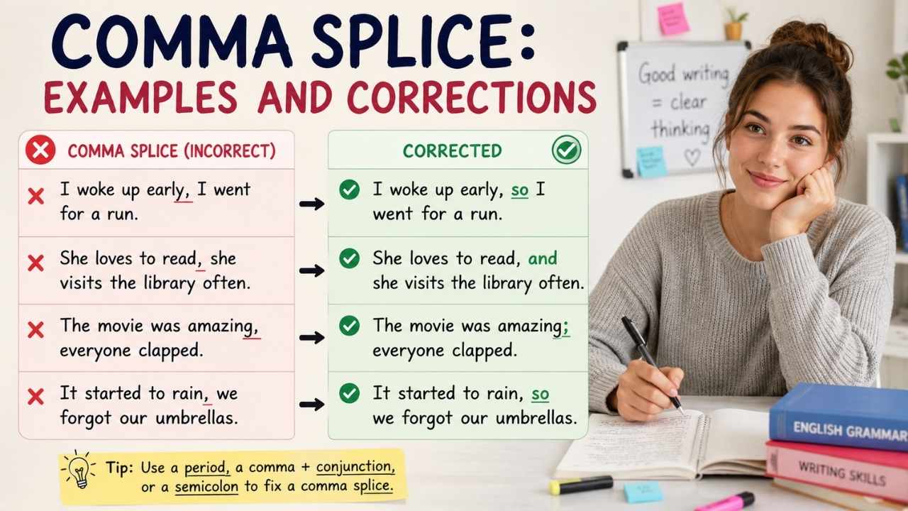 A comma splice happens when two complete sentences are joined with only a comma.