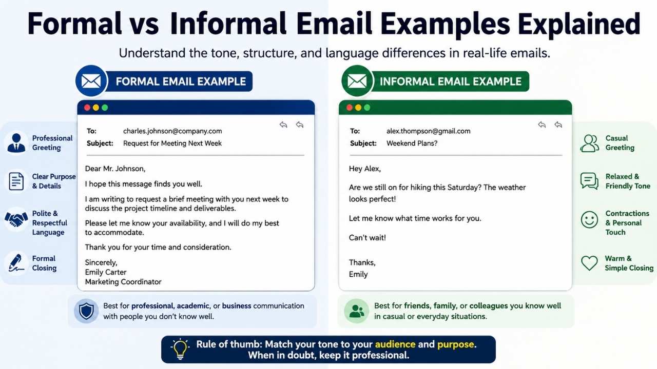As a result, people often search for formal vs informal email examples to understand what changes between the two styles.