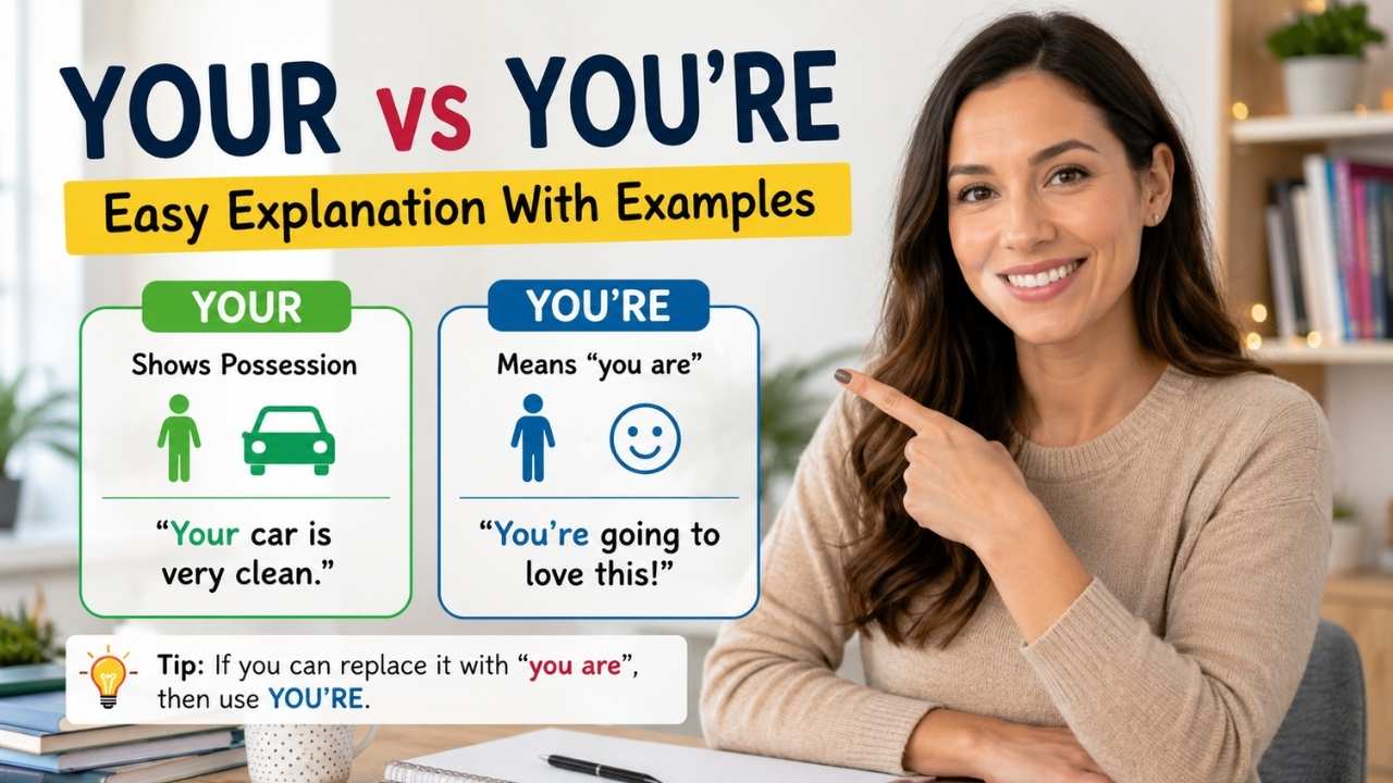 Many English learners struggle with the your vs you’re difference because the two words sound exactly alike.