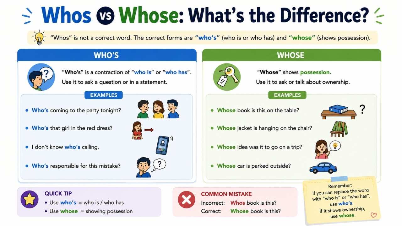Many English learners confuse whos vs whose because the words sound the same.