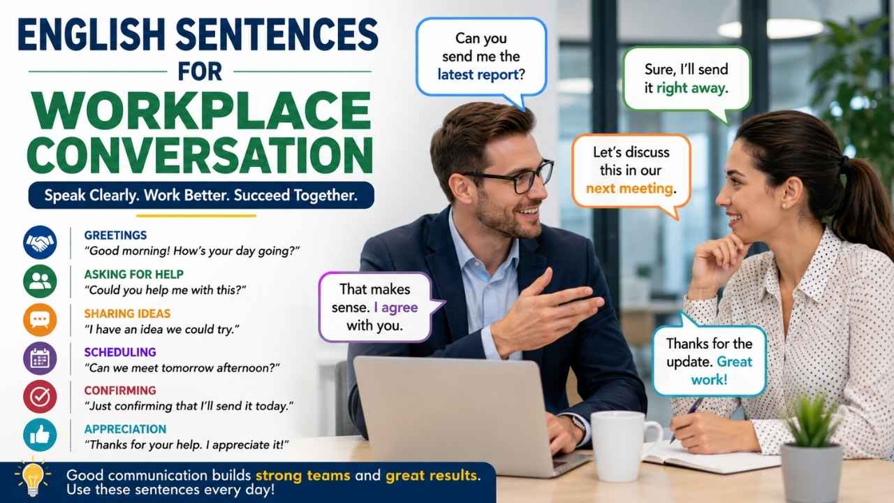 Today, English sentences for workplace conversation help people communicate in meetings, emails, video calls, and casual office chats.