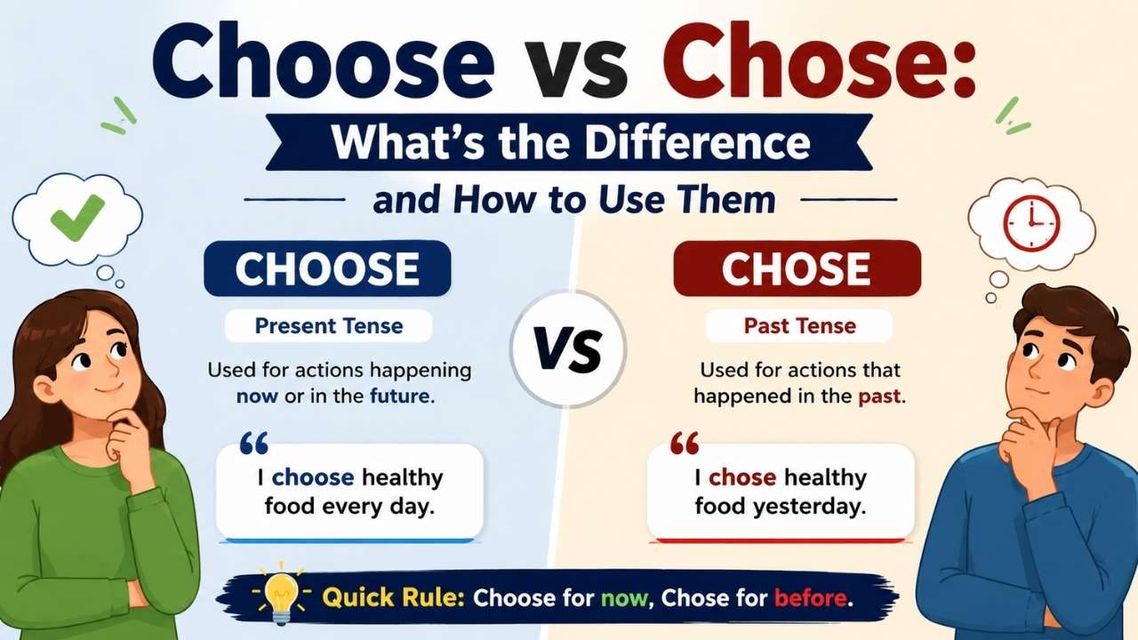Many English learners get confused between choose vs chose, but the difference is actually simple once you understand verb tense.
