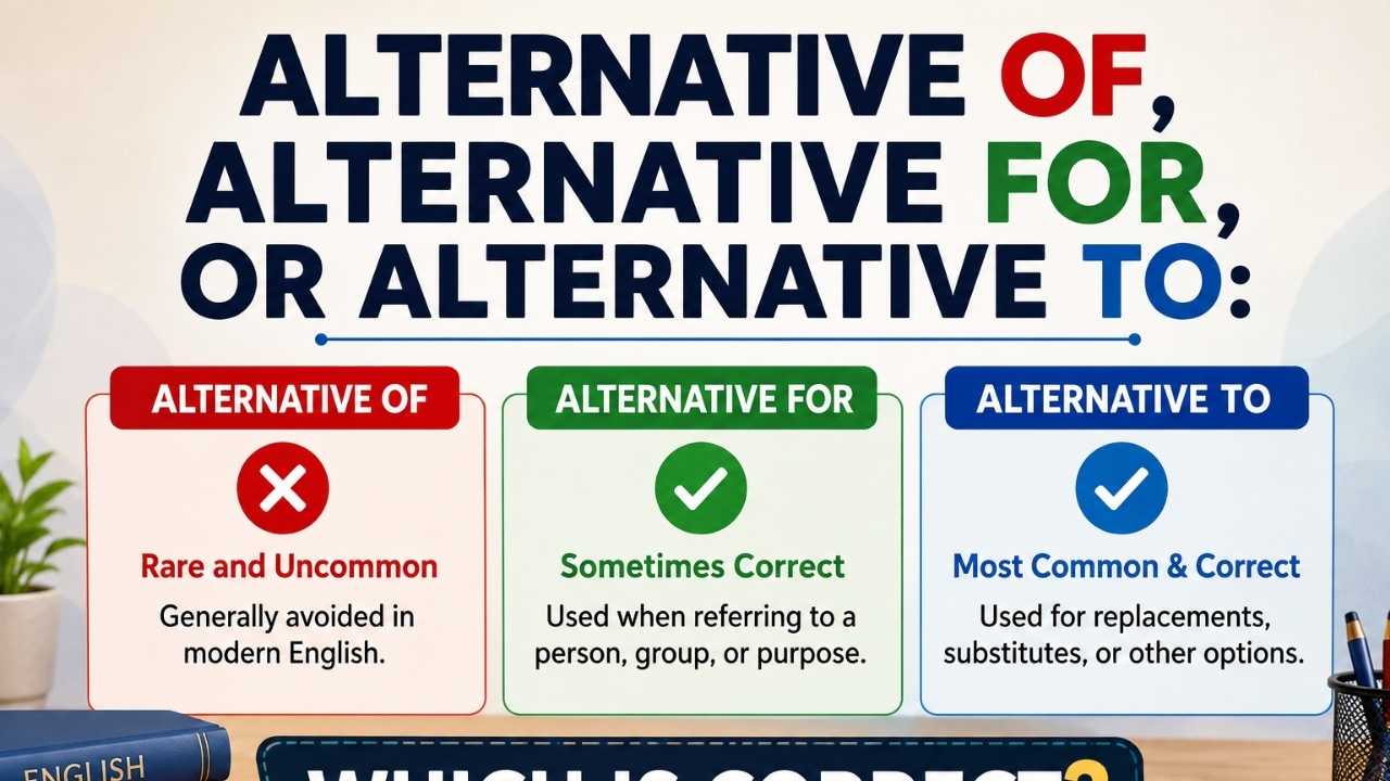 Many English learners wonder whether they should use alternative of, alternative for, or alternative to