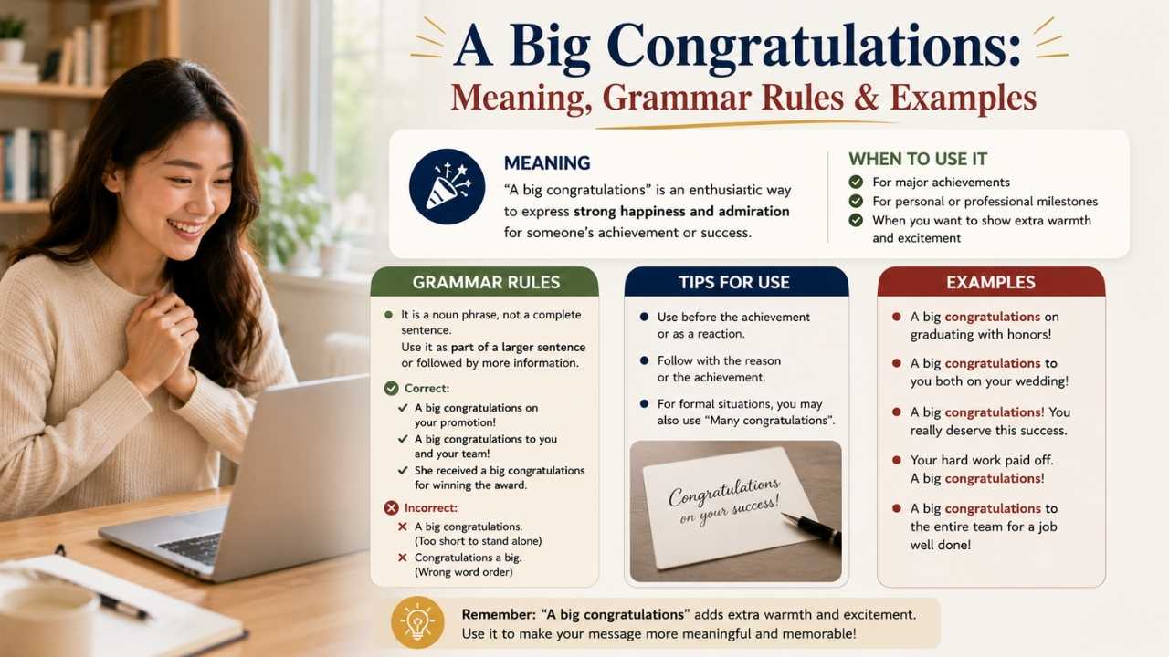 The phrase “a big congratulations” is one expression people use to celebrate someone’s success, achievement, or important milestone.