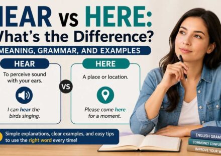 Have you ever stopped while writing and wondered whether you should use hear or here? You're not alone. These two words sound exactly the same, but they have completely different meanings and uses in English grammar. That's why hear vs here is one of the most common examples of confusing English words and homophones. Hear relates to listening or sound, while here refers to a place or location. Using the wrong word can quickly change the meaning of your sentence and make your writing look less polished. In this guide, you'll learn the difference between hear and here, their meanings, pronunciation, grammar rules, and plenty of hear vs here examples. You'll also discover simple memory tricks, common mistakes to avoid, and practical tips to help you choose the correct word with confidence in everyday English. Quick Answer Hear and here are homophones, meaning they sound the same but have different meanings. Hear is a verb that means to perceive sound or listen, while here is usually an adverb that refers to a place or location. Understanding the difference between hear and here helps you avoid common spelling mistakes and use the correct word confidently in everyday English. Hear vs Here: The Main Difference at a Glance Although hear and here sound exactly alike, they have different meanings and serve different purposes in a sentence. This is why they are called homophones—words with the same pronunciation but different spellings and meanings. Hear is a verb that means to notice or receive sound through your ears. Here is usually an adverb that refers to a place or location. Knowing the difference between hear and here helps you avoid common spelling mistakes and write with confidence. The table below gives you a quick comparison. If you enjoy learning about confusing English words, you may also like our guides on Shined vs Shone, Orientated vs Oriented, and Is It Correct to Say Most Recent. Feature Hear Here Meaning To notice or receive sound A place or location Part of Speech Verb Usually an adverb Related To Hearing and listening Position or place Example I can hear the birds singing. Please come here. What Does "Hear" Mean? Hear is a verb that means to notice, receive, or recognize sound with your ears. Whenever you talk about listening to music, hearing someone's voice, or noticing a noise, hear is the correct word to use. Unlike listen, which describes making an effort to pay attention, hear often happens naturally. This makes it one of the most common verbs in everyday English. Understanding the hear meaning makes it easier to avoid mixing it up with here. Here are a few hear vs here examples: I can hear the rain outside. Did you hear what the teacher said? She heard a strange noise last night. In each sentence, hear relates to sound, not a place. What Does "Here" Mean? Here usually refers to a place, position, or location. It tells someone where a person or thing is and is most often used as an adverb. You can use here when inviting someone closer, pointing to a location, or describing where something happens. Learning the here meaning is simple because it always relates to place rather than sound. For example, you can say, Please sit here, I left my keys here, or My family lives here. In each sentence, here answers the question "Where?" Understanding this simple rule makes the difference between hear and here much easier to remember and helps you choose the correct word in everyday writing and conversation. Why Do "Hear" and "Here" Sound the Same? Many learners wonder why hear and here sound exactly alike even though they have different spellings. The reason is that they are homophones. In English, homophones are words that share the same pronunciation but have different meanings and spellings. Both hear and here are pronounced /hɪr/ in most forms of American English, so you cannot tell which word someone means by sound alone. Instead, you must rely on the context of the sentence. If the sentence is about sound or listening, use hear. If it talks about a place or location, use here. Understanding this pronunciation rule makes choosing the correct word much easier and reduces common grammar mistakes. Hear vs Here in Sentences The easiest way to understand the difference between hear and here is by seeing both words in real sentences. Remember that hear is used when talking about sound, while here refers to a place or location. Looking at different examples helps you choose the correct word without hesitation. Here are a few hear vs here examples: I can hear the birds singing every morning. Did you hear the good news? Please come here for a moment. Your package is here on the table. Can you hear me clearly during the meeting? We are here to support you. Each sentence shows that hear relates to listening, while here always points to a specific place. Common Mistakes People Make Many people confuse hear and here because they are homophones. Since they sound the same, writers sometimes choose the wrong spelling without noticing. The best way to avoid this mistake is to think about the meaning of your sentence before you write. Ask yourself, "Am I talking about sound or a place?" If the sentence is about hearing, listening, or noise, use hear. If it refers to a location, use here. ❌ Incorrect ✅ Correct Come hear for a minute. Come here for a minute. I can here your voice. I can hear your voice. Please stay hear. Please stay here. Did you here that sound? Did you hear that sound? Checking the meaning instead of the pronunciation will help you avoid these common spelling mistakes. Easy Trick to Remember Hear vs Here A simple memory trick can help you remember the difference between hear and here every time you write. Look at the word hear. It contains the word ear, and you use your ears to hear sounds. This makes it easy to connect hear with listening. Now think about here. It begins with "H" and is commonly used when pointing to this place or this location, such as "Come here." Whenever you're unsure which spelling to use, ask yourself one quick question: Is this about sound or about a place? If it's about sound, choose hear. If it's about location, choose here. This small trick works well for students, ESL learners, and everyday writers. Hear, Hear vs. Here, Here: Which Is Correct? The correct expression is "Hear, hear," not "Here, here." People use "Hear, hear" to show that they strongly agree with something another person has said. The phrase has been used for many years, especially in British Parliament, where members would say "Hear, hear!" instead of applauding a speech. Because the words sound the same, many people mistakenly write "Here, here." However, this spelling is almost always incorrect unless you are literally talking about a place. For example, "Hear, hear! That was an excellent idea." is correct, while "Here, here!" is usually a spelling mistake. Knowing this difference will improve your grammar and writing accuracy. Hear vs Here Quiz Test your understanding of hear vs here by choosing the correct word to complete each sentence. Can you ______ the music from outside? Please come ______ and sit beside me. I could ______ someone knocking at the door. Your glasses are right ______ on the desk. Did you ______ what the coach said? Answers hear here hear here hear If you answered all five correctly, you've mastered the basic hear vs here grammar rule. If you missed any, review the meanings and remember the simple trick: hear = sound, here = place. FAQs Is it hear or here? Use hear when talking about sound or listening. Use here when referring to a place or location. Are hear and here homophones? Yes. They are homophones because they have the same pronunciation but different meanings and spellings. Is hear a verb? Yes. Hear is a verb that means to notice or receive sound with your ears. What part of speech is here? Here is most commonly an adverb, although it can also be used as an interjection in some situations. What does "Hear, hear!" mean? "Hear, hear!" is an expression used to show agreement with what someone has said. How can I remember the difference between hear and here? Remember that hear contains ear, which helps you connect it with hearing sounds. Here refers to a place. Conclusion The difference between hear and here is simple once you focus on their meanings instead of their pronunciation. Use hear whenever you're talking about hearing, listening, or sound, and use here when referring to a place or location. Since these words are homophones, it's normal to confuse them at first, but a little practice goes a long way. Reading examples, using the memory trick, and checking the context before you write will help you choose the correct word every time. With this guide, you can confidently use hear and here correctly in everyday conversations, emails, school assignments, and professional writing.