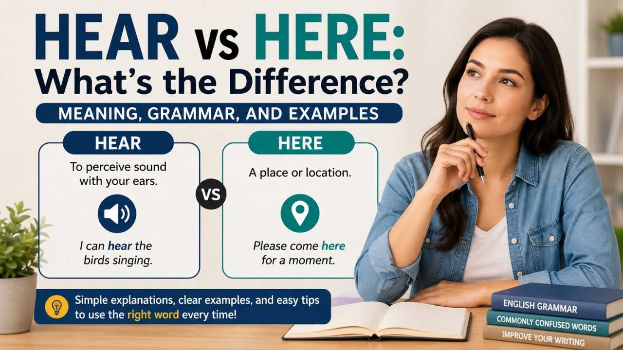 Have you ever stopped while writing and wondered whether you should use hear or here? You're not alone. These two words sound exactly the same, but they have completely different meanings and uses in English grammar. That's why hear vs here is one of the most common examples of confusing English words and homophones. Hear relates to listening or sound, while here refers to a place or location. Using the wrong word can quickly change the meaning of your sentence and make your writing look less polished. In this guide, you'll learn the difference between hear and here, their meanings, pronunciation, grammar rules, and plenty of hear vs here examples. You'll also discover simple memory tricks, common mistakes to avoid, and practical tips to help you choose the correct word with confidence in everyday English. Quick Answer Hear and here are homophones, meaning they sound the same but have different meanings. Hear is a verb that means to perceive sound or listen, while here is usually an adverb that refers to a place or location. Understanding the difference between hear and here helps you avoid common spelling mistakes and use the correct word confidently in everyday English. Hear vs Here: The Main Difference at a Glance Although hear and here sound exactly alike, they have different meanings and serve different purposes in a sentence. This is why they are called homophones—words with the same pronunciation but different spellings and meanings. Hear is a verb that means to notice or receive sound through your ears. Here is usually an adverb that refers to a place or location. Knowing the difference between hear and here helps you avoid common spelling mistakes and write with confidence. The table below gives you a quick comparison. If you enjoy learning about confusing English words, you may also like our guides on Shined vs Shone, Orientated vs Oriented, and Is It Correct to Say Most Recent. Feature Hear Here Meaning To notice or receive sound A place or location Part of Speech Verb Usually an adverb Related To Hearing and listening Position or place Example I can hear the birds singing. Please come here. What Does "Hear" Mean? Hear is a verb that means to notice, receive, or recognize sound with your ears. Whenever you talk about listening to music, hearing someone's voice, or noticing a noise, hear is the correct word to use. Unlike listen, which describes making an effort to pay attention, hear often happens naturally. This makes it one of the most common verbs in everyday English. Understanding the hear meaning makes it easier to avoid mixing it up with here. Here are a few hear vs here examples: I can hear the rain outside. Did you hear what the teacher said? She heard a strange noise last night. In each sentence, hear relates to sound, not a place. What Does "Here" Mean? Here usually refers to a place, position, or location. It tells someone where a person or thing is and is most often used as an adverb. You can use here when inviting someone closer, pointing to a location, or describing where something happens. Learning the here meaning is simple because it always relates to place rather than sound. For example, you can say, Please sit here, I left my keys here, or My family lives here. In each sentence, here answers the question "Where?" Understanding this simple rule makes the difference between hear and here much easier to remember and helps you choose the correct word in everyday writing and conversation. Why Do "Hear" and "Here" Sound the Same? Many learners wonder why hear and here sound exactly alike even though they have different spellings. The reason is that they are homophones. In English, homophones are words that share the same pronunciation but have different meanings and spellings. Both hear and here are pronounced /hɪr/ in most forms of American English, so you cannot tell which word someone means by sound alone. Instead, you must rely on the context of the sentence. If the sentence is about sound or listening, use hear. If it talks about a place or location, use here. Understanding this pronunciation rule makes choosing the correct word much easier and reduces common grammar mistakes. Hear vs Here in Sentences The easiest way to understand the difference between hear and here is by seeing both words in real sentences. Remember that hear is used when talking about sound, while here refers to a place or location. Looking at different examples helps you choose the correct word without hesitation. Here are a few hear vs here examples: I can hear the birds singing every morning. Did you hear the good news? Please come here for a moment. Your package is here on the table. Can you hear me clearly during the meeting? We are here to support you. Each sentence shows that hear relates to listening, while here always points to a specific place. Common Mistakes People Make Many people confuse hear and here because they are homophones. Since they sound the same, writers sometimes choose the wrong spelling without noticing. The best way to avoid this mistake is to think about the meaning of your sentence before you write. Ask yourself, "Am I talking about sound or a place?" If the sentence is about hearing, listening, or noise, use hear. If it refers to a location, use here. ❌ Incorrect ✅ Correct Come hear for a minute. Come here for a minute. I can here your voice. I can hear your voice. Please stay hear. Please stay here. Did you here that sound? Did you hear that sound? Checking the meaning instead of the pronunciation will help you avoid these common spelling mistakes. Easy Trick to Remember Hear vs Here A simple memory trick can help you remember the difference between hear and here every time you write. Look at the word hear. It contains the word ear, and you use your ears to hear sounds. This makes it easy to connect hear with listening. Now think about here. It begins with "H" and is commonly used when pointing to this place or this location, such as "Come here." Whenever you're unsure which spelling to use, ask yourself one quick question: Is this about sound or about a place? If it's about sound, choose hear. If it's about location, choose here. This small trick works well for students, ESL learners, and everyday writers. Hear, Hear vs. Here, Here: Which Is Correct? The correct expression is "Hear, hear," not "Here, here." People use "Hear, hear" to show that they strongly agree with something another person has said. The phrase has been used for many years, especially in British Parliament, where members would say "Hear, hear!" instead of applauding a speech. Because the words sound the same, many people mistakenly write "Here, here." However, this spelling is almost always incorrect unless you are literally talking about a place. For example, "Hear, hear! That was an excellent idea." is correct, while "Here, here!" is usually a spelling mistake. Knowing this difference will improve your grammar and writing accuracy. Hear vs Here Quiz Test your understanding of hear vs here by choosing the correct word to complete each sentence. Can you ______ the music from outside? Please come ______ and sit beside me. I could ______ someone knocking at the door. Your glasses are right ______ on the desk. Did you ______ what the coach said? Answers hear here hear here hear If you answered all five correctly, you've mastered the basic hear vs here grammar rule. If you missed any, review the meanings and remember the simple trick: hear = sound, here = place. FAQs Is it hear or here? Use hear when talking about sound or listening. Use here when referring to a place or location. Are hear and here homophones? Yes. They are homophones because they have the same pronunciation but different meanings and spellings. Is hear a verb? Yes. Hear is a verb that means to notice or receive sound with your ears. What part of speech is here? Here is most commonly an adverb, although it can also be used as an interjection in some situations. What does "Hear, hear!" mean? "Hear, hear!" is an expression used to show agreement with what someone has said. How can I remember the difference between hear and here? Remember that hear contains ear, which helps you connect it with hearing sounds. Here refers to a place. Conclusion The difference between hear and here is simple once you focus on their meanings instead of their pronunciation. Use hear whenever you're talking about hearing, listening, or sound, and use here when referring to a place or location. Since these words are homophones, it's normal to confuse them at first, but a little practice goes a long way. Reading examples, using the memory trick, and checking the context before you write will help you choose the correct word every time. With this guide, you can confidently use hear and here correctly in everyday conversations, emails, school assignments, and professional writing.