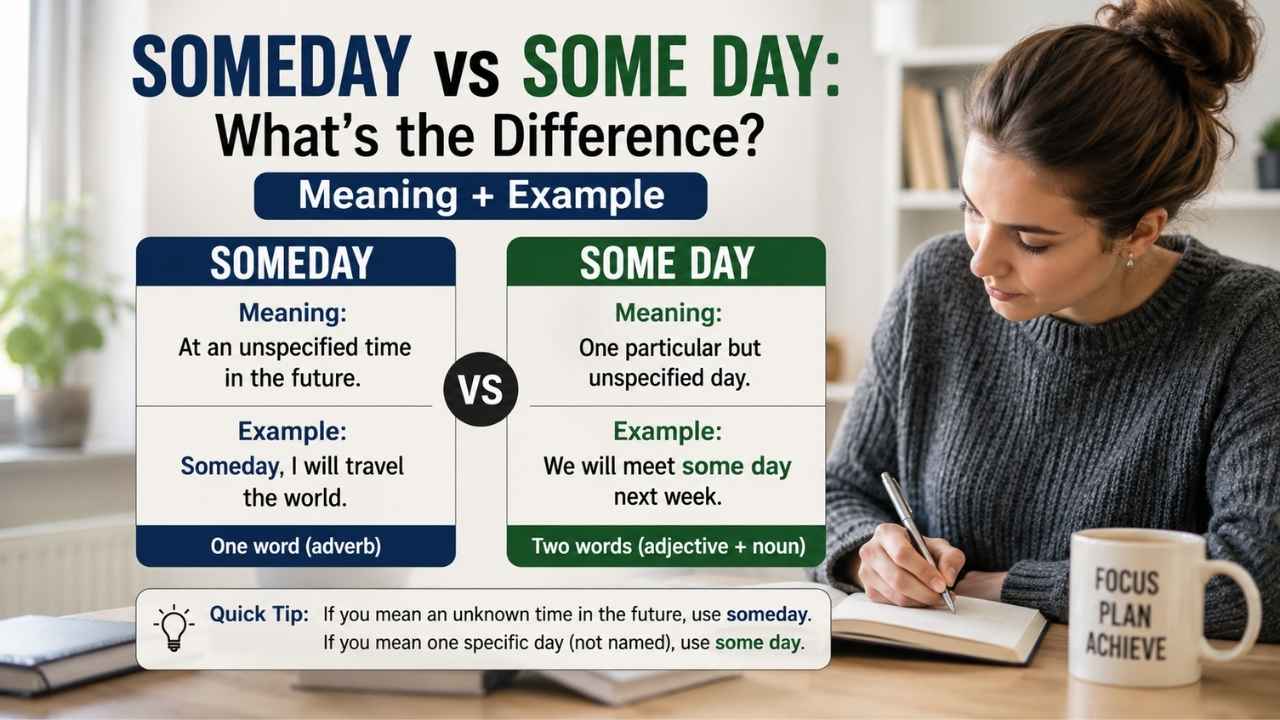 Knowing the difference between someday vs some day can help you avoid common grammar mistakes and make your writing clearer. 
