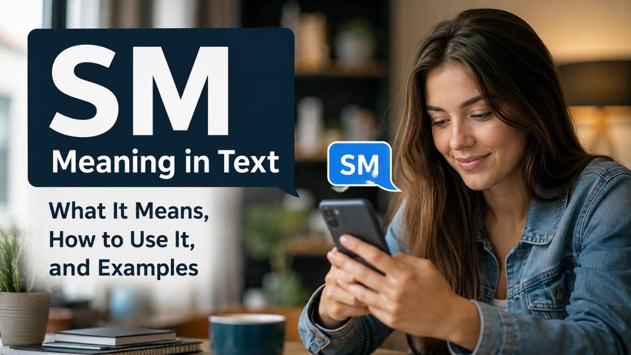 SM meaning in text explained with a woman checking her phone and a chat bubble showing “SM.”