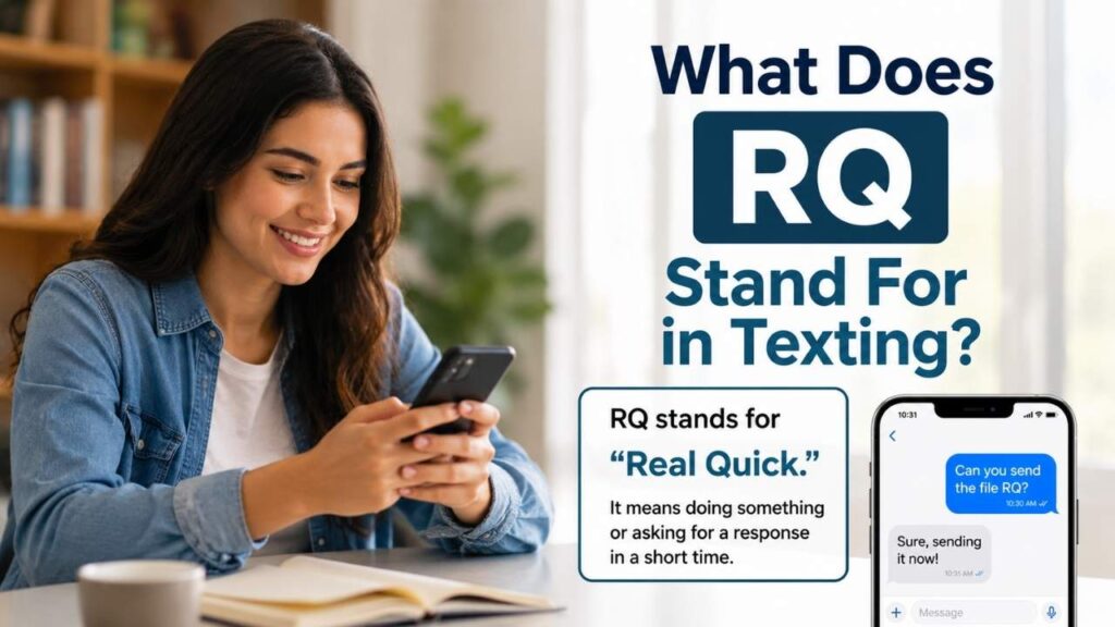 What does RQ stand for in texting? Real Quick meaning shown with a text message example.