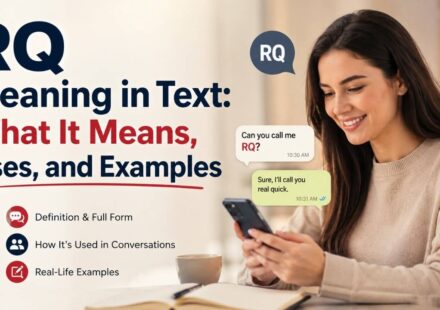 RQ meaning in text explained with a woman texting and real-life message examples.