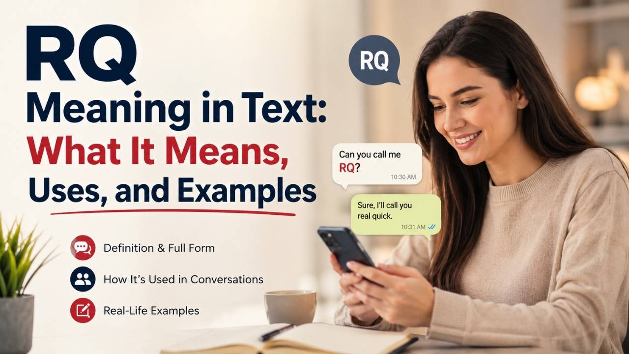 RQ meaning in text explained with a woman texting and real-life message examples.