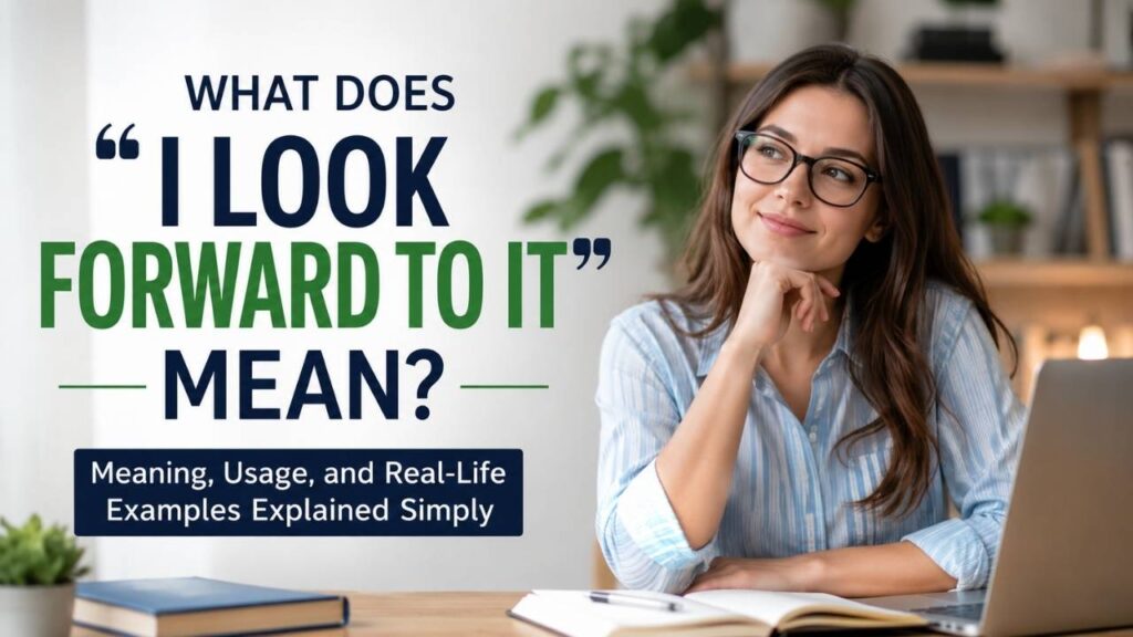 Woman learning the meaning and usage of “I look forward to it” with examples at a desk.